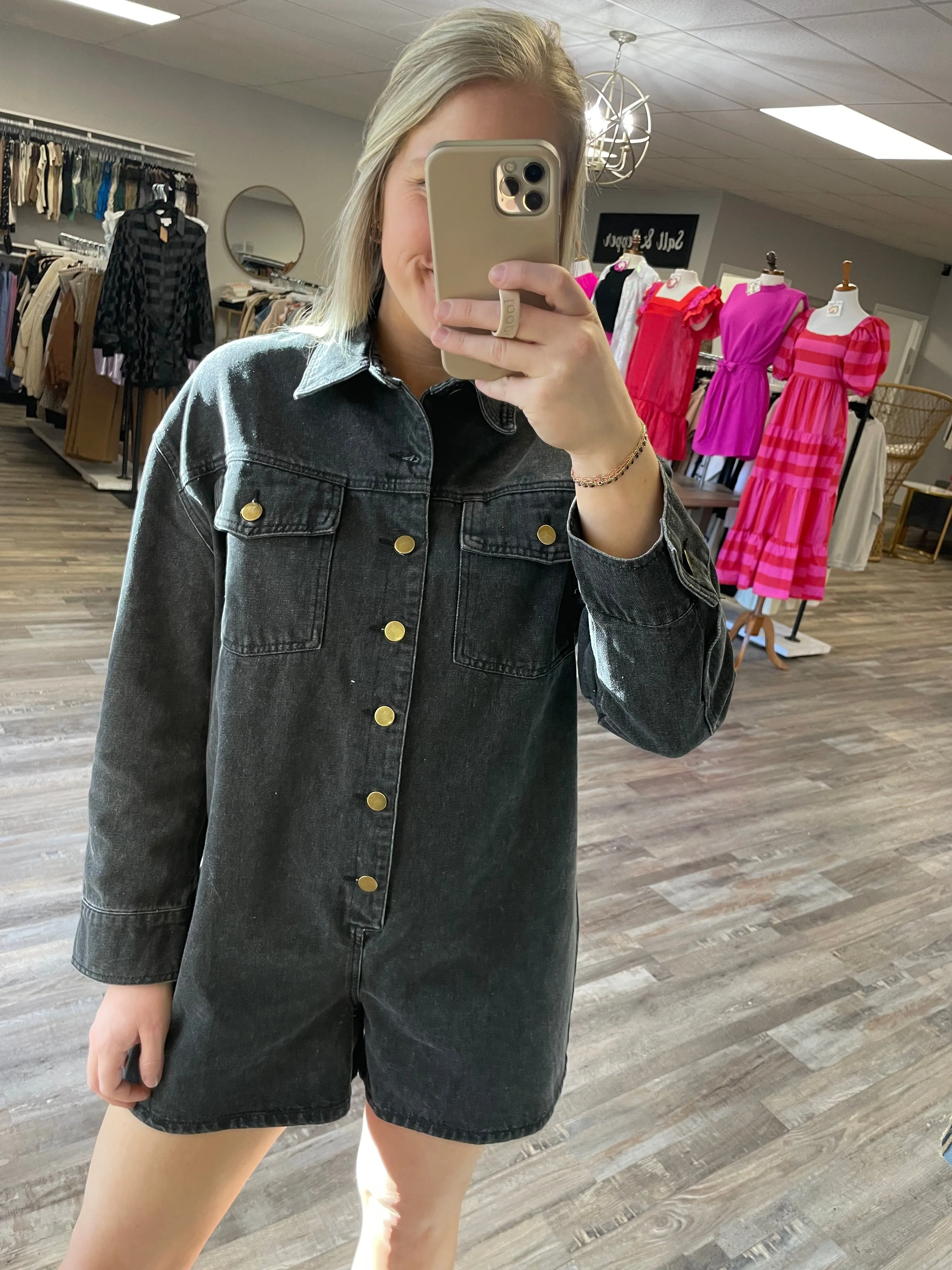 Long Sleeve Button Up Denim Romper - Black