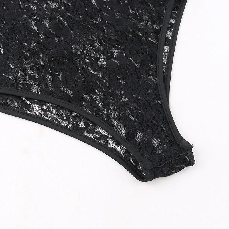 Long Sleeve Lace Black One Pieces See Through Bodysuit