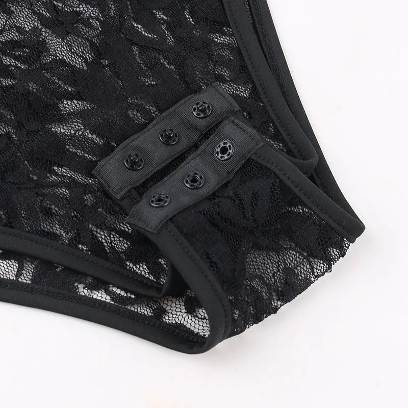 Long Sleeve Lace Black One Pieces See Through Bodysuit
