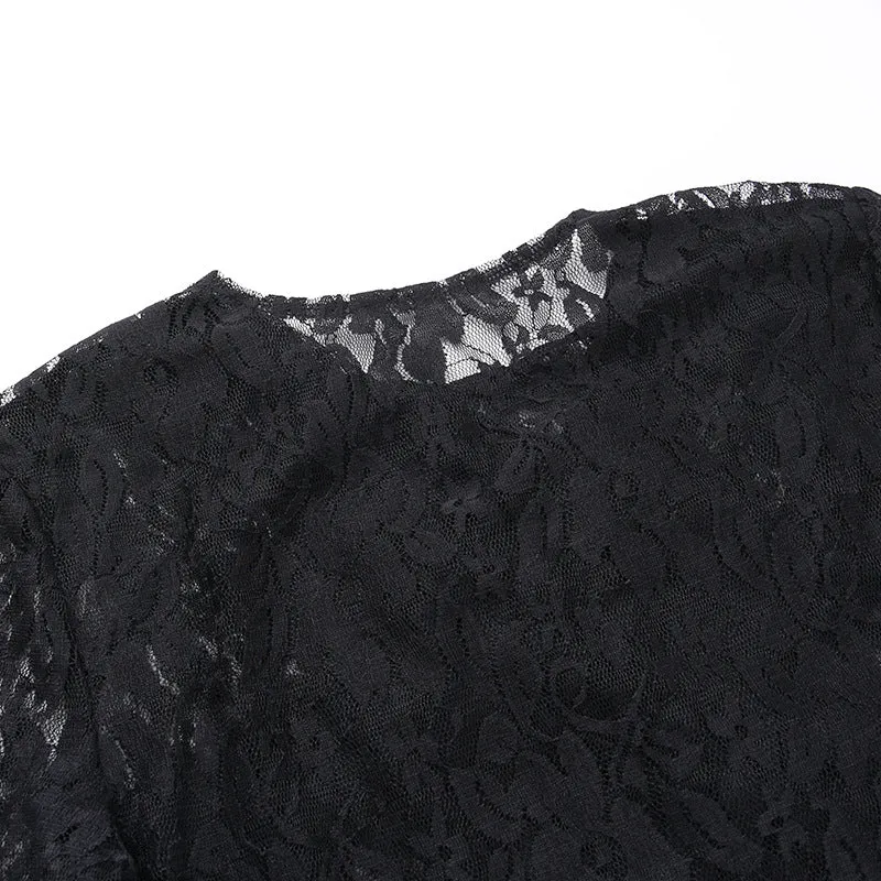 Long Sleeve Lace Black One Pieces See Through Bodysuit