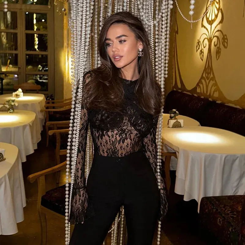 Long Sleeve Lace Black One Pieces See Through Bodysuit