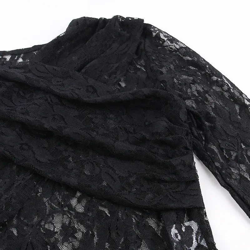 Long Sleeve Lace Black One Pieces See Through Bodysuit