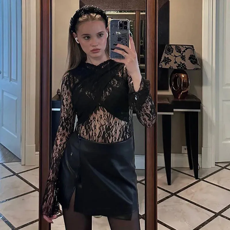 Long Sleeve Lace Black One Pieces See Through Bodysuit