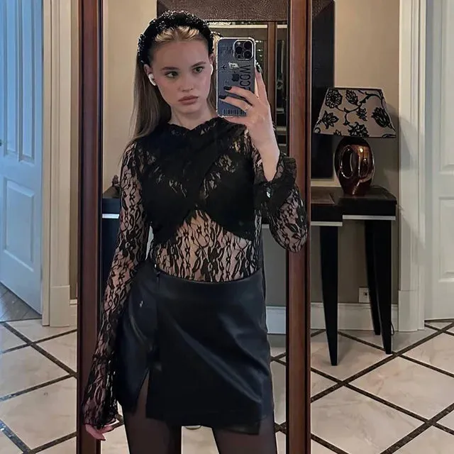 Long Sleeve Lace Black One Pieces See Through Bodysuit