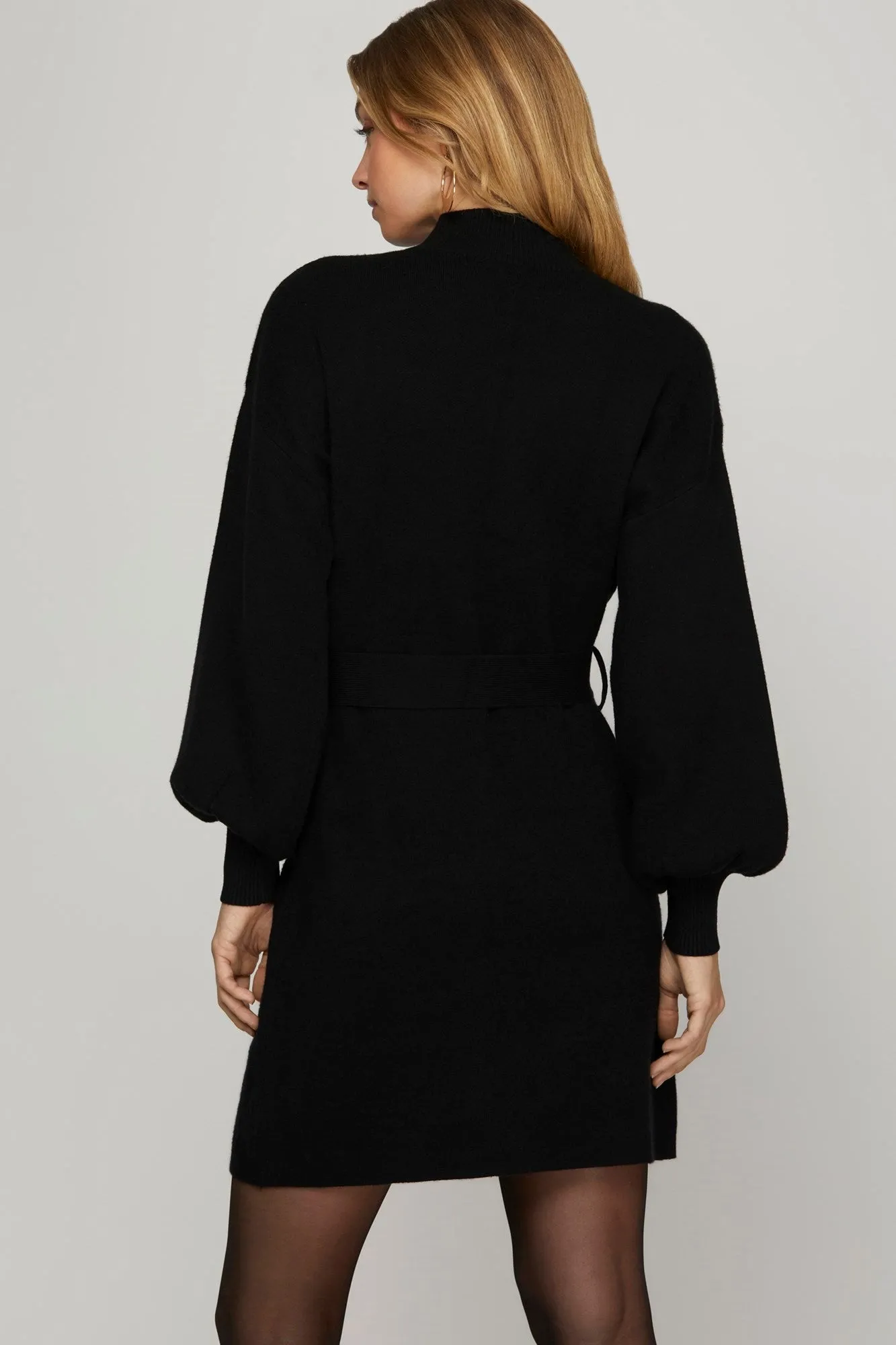 Long Sleeve Mock Neck Tie Belt Waist Sweater Dress