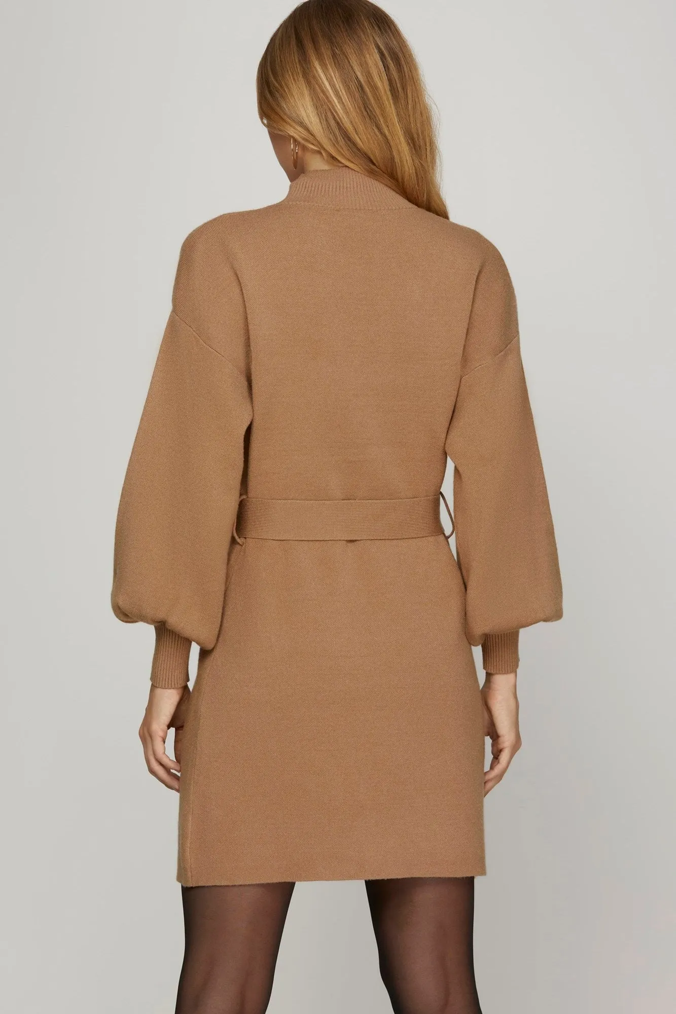Long Sleeve Mock Neck Tie Belt Waist Sweater Dress
