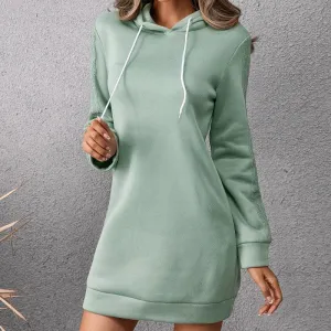 Loose Mid-Length Hooded Sweater Dress - Casual Spring/Fall