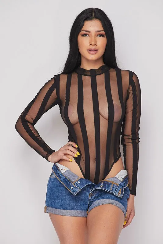 L/s Mesh Stripe Designbodysuit