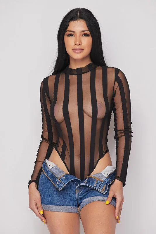 L/s Mesh Stripe Designbodysuit