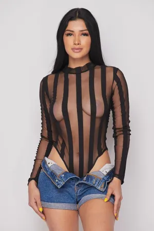 L/s Mesh Stripe Designbodysuit
