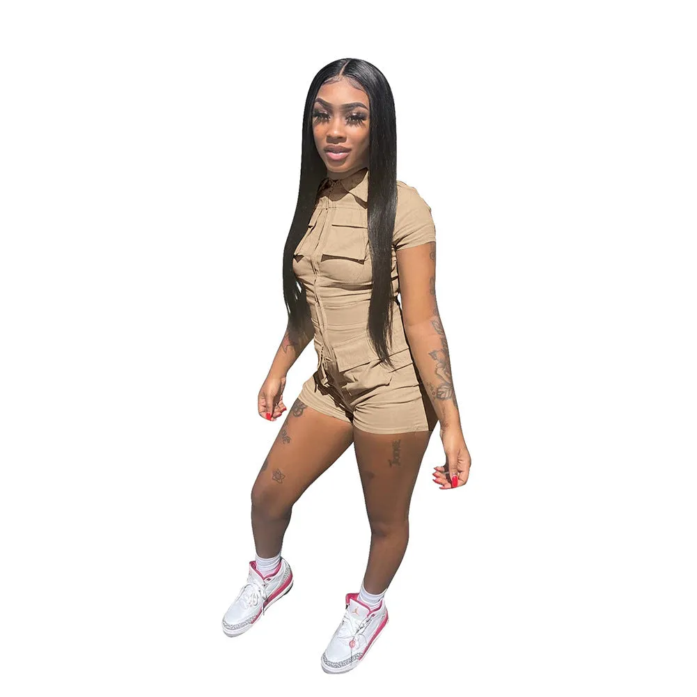 MB FASHION Short Sleeve Utility Romper with Pockets and Front Zipper 8166LY