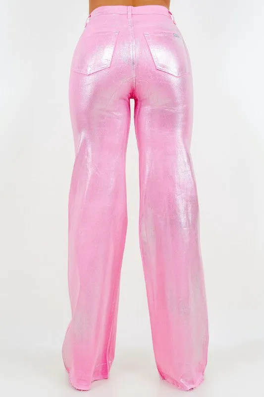 Metallic Wide Leg Jean in Pink