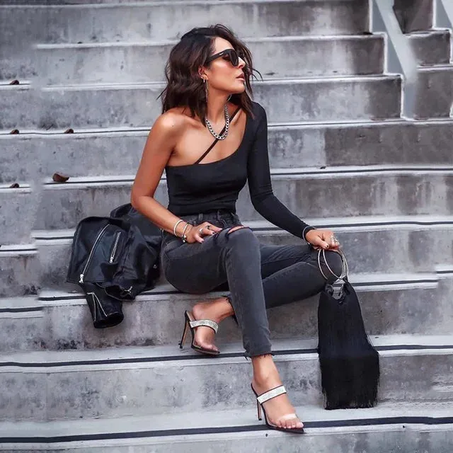 One Shoulder Bodysuit Backless Long Sleeve Bodysuit