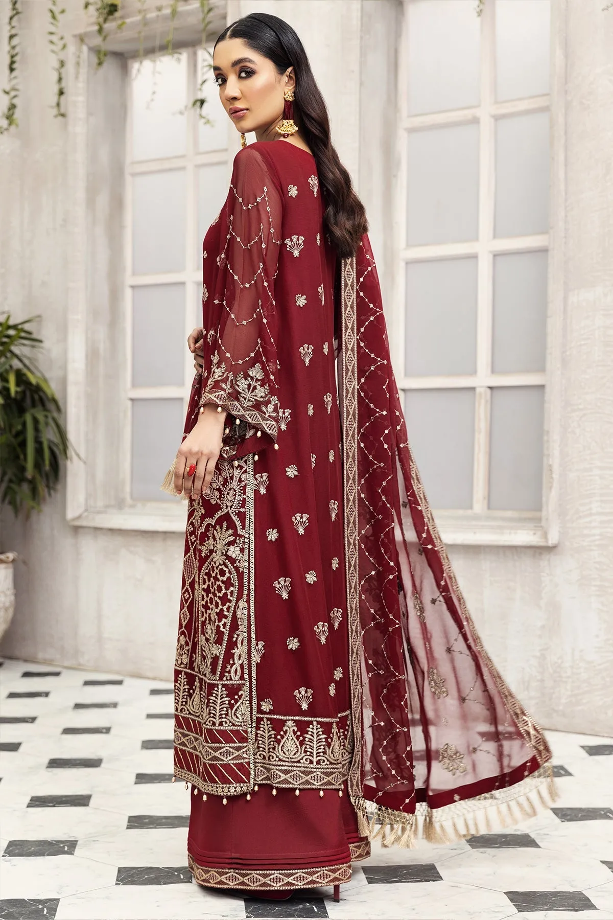 Party Wear Pakistani Maxi Dress in Maroon Shade #PF485