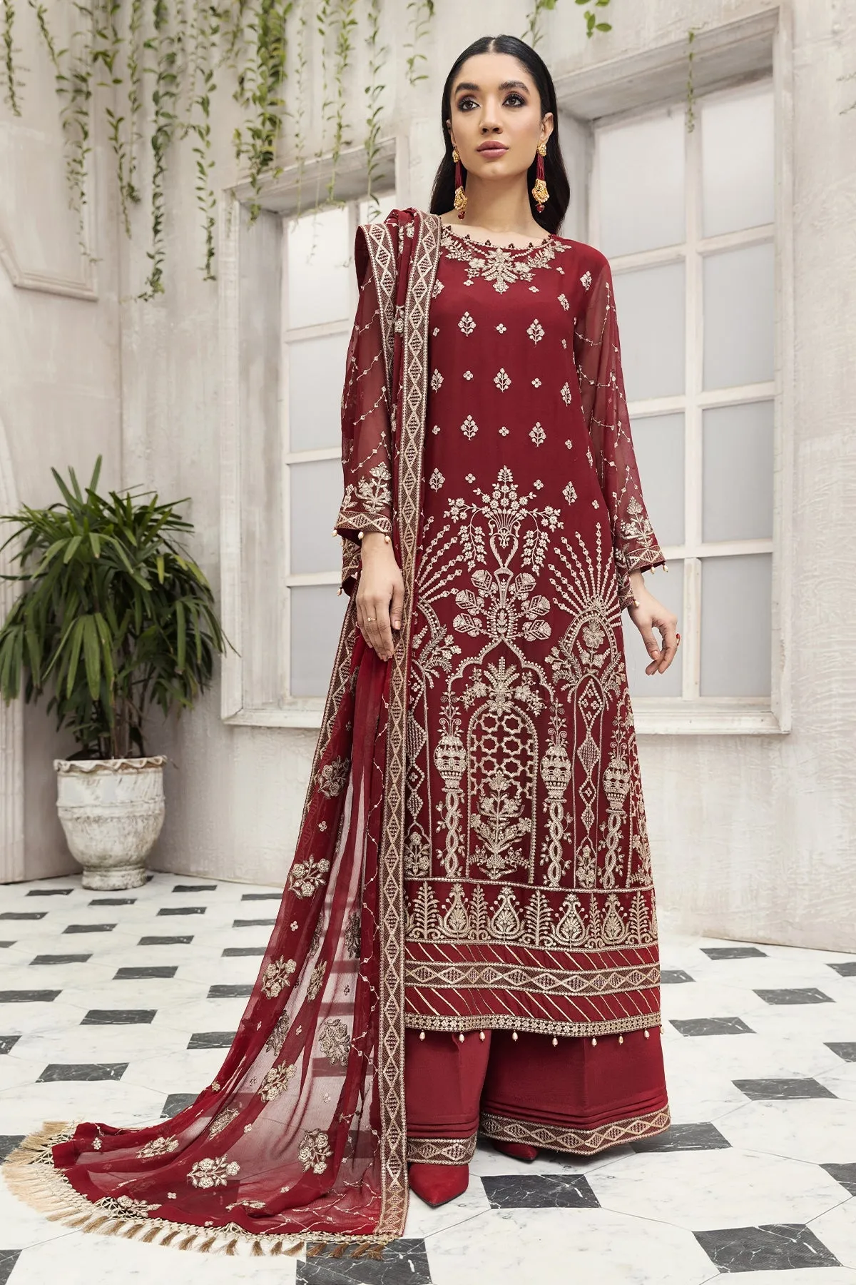 Party Wear Pakistani Maxi Dress in Maroon Shade #PF485