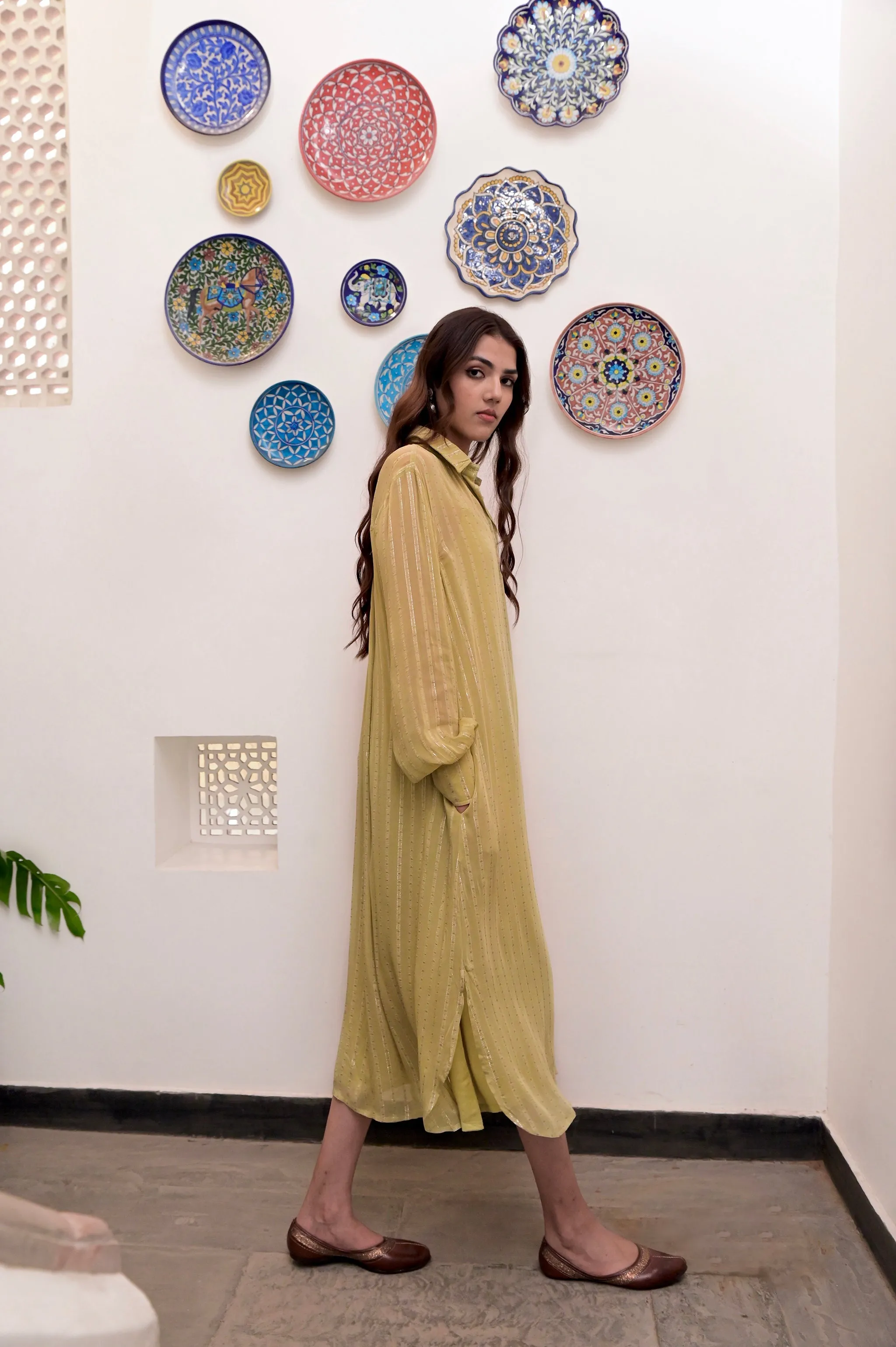Pistavi Zari Textured Classic Collared Shirt Dress
