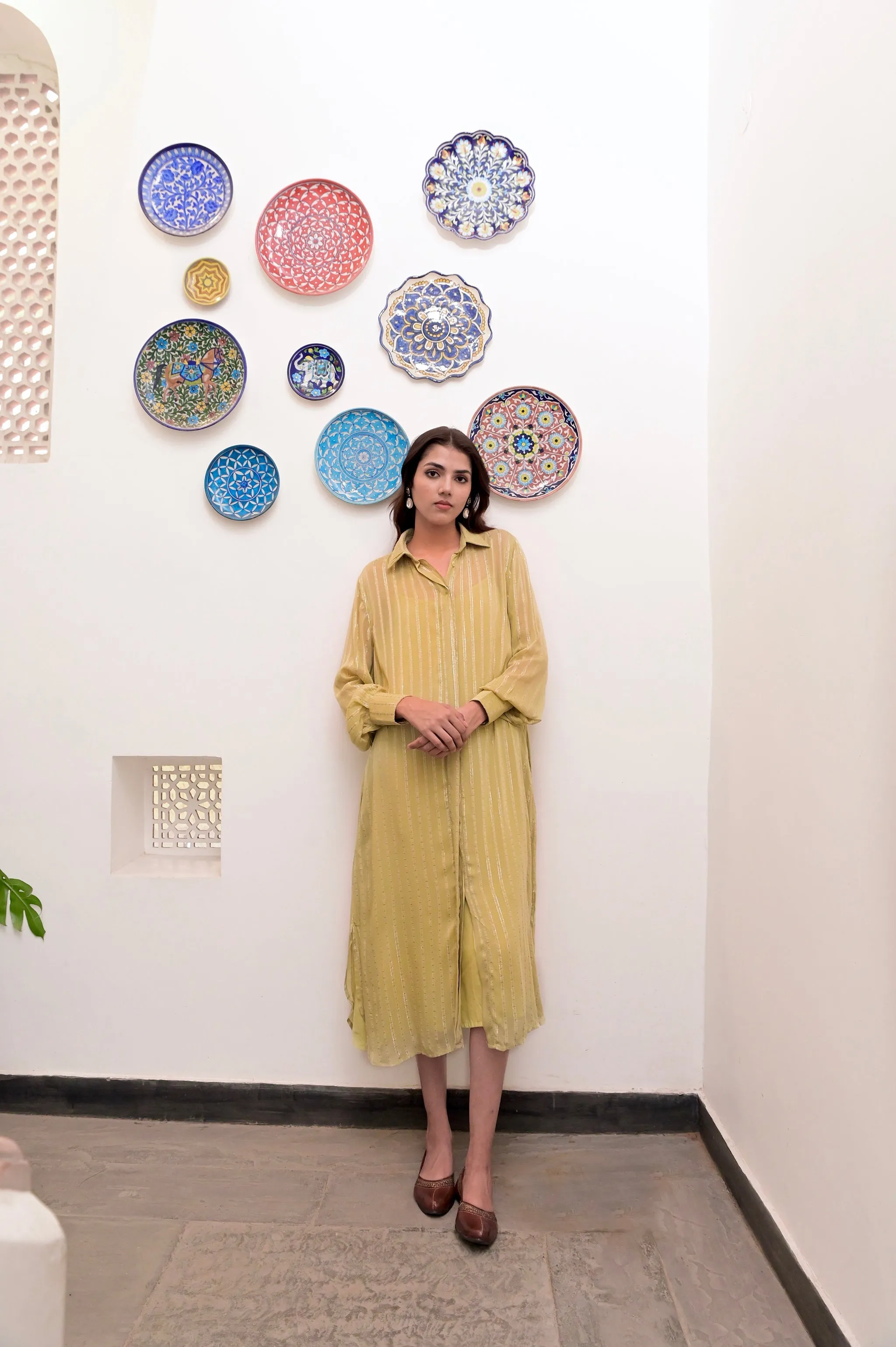 Pistavi Zari Textured Classic Collared Shirt Dress