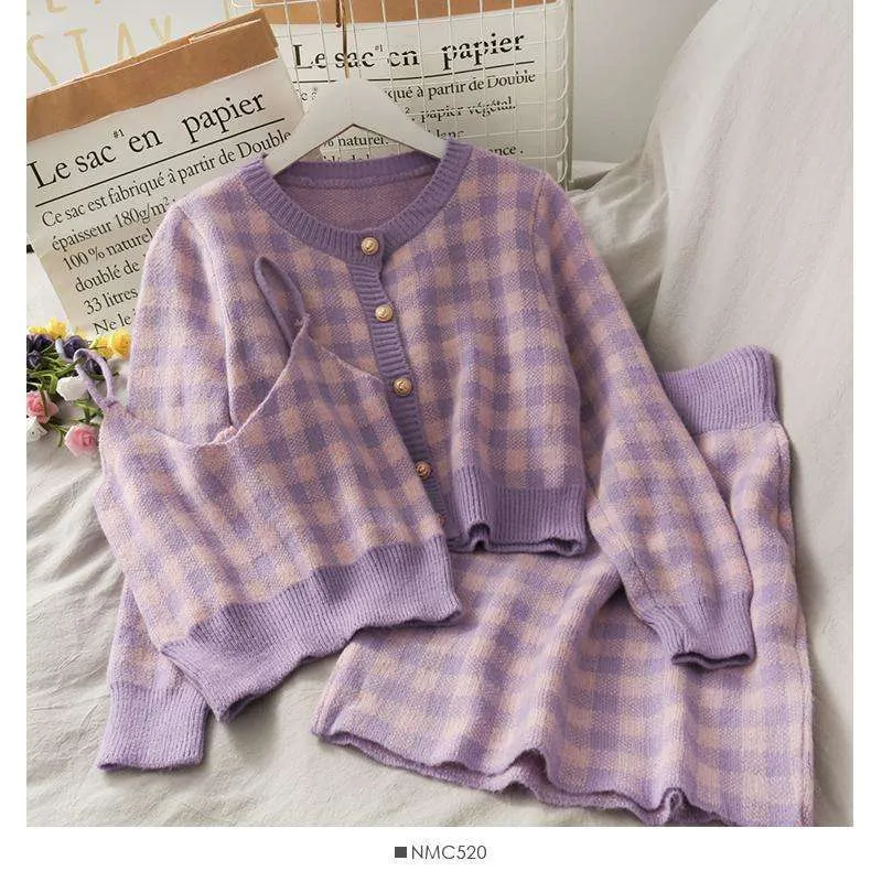 Purple Plaid Three-Piece Skirt and Cardigan Set