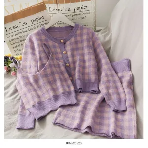 Purple Plaid Three-Piece Skirt and Cardigan Set
