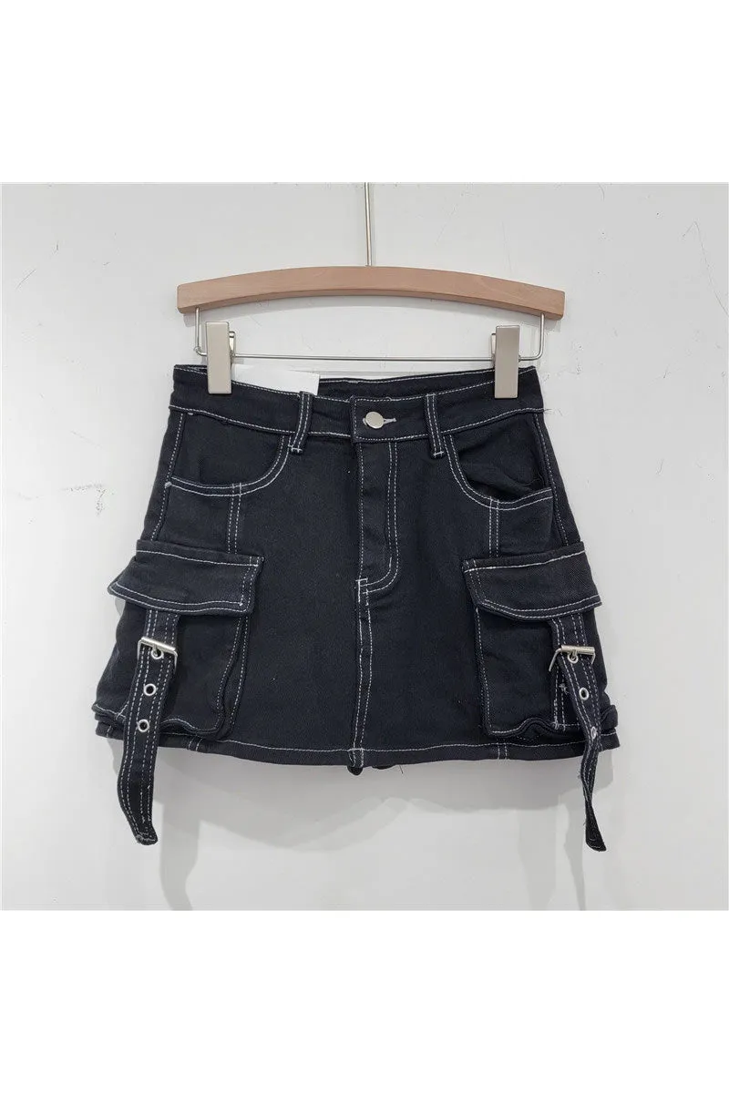 QK0694 Cargo Denim Mini Skirt