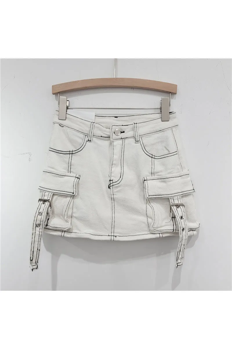 QK0694 Cargo Denim Mini Skirt