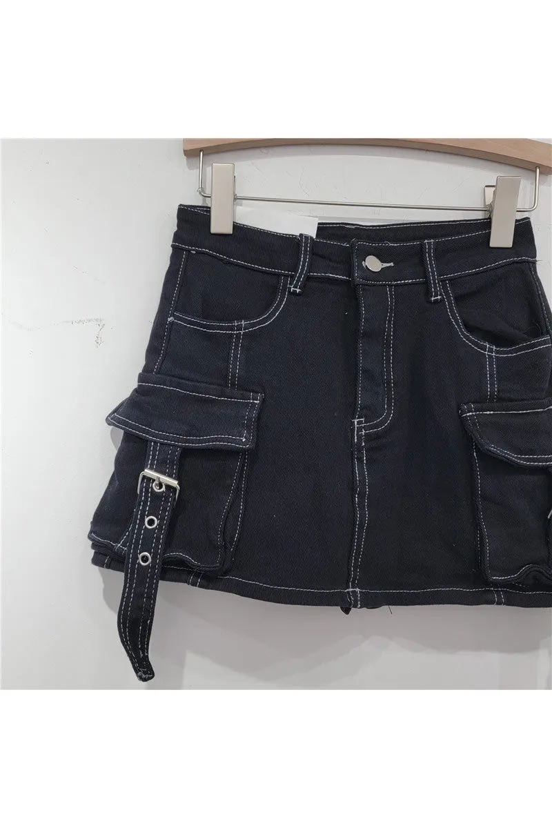 QK0694 Cargo Denim Mini Skirt