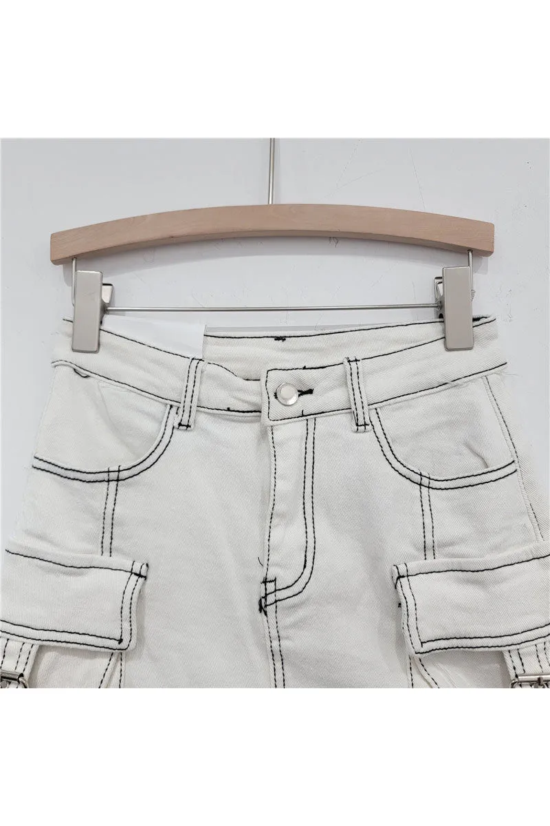 QK0694 Cargo Denim Mini Skirt