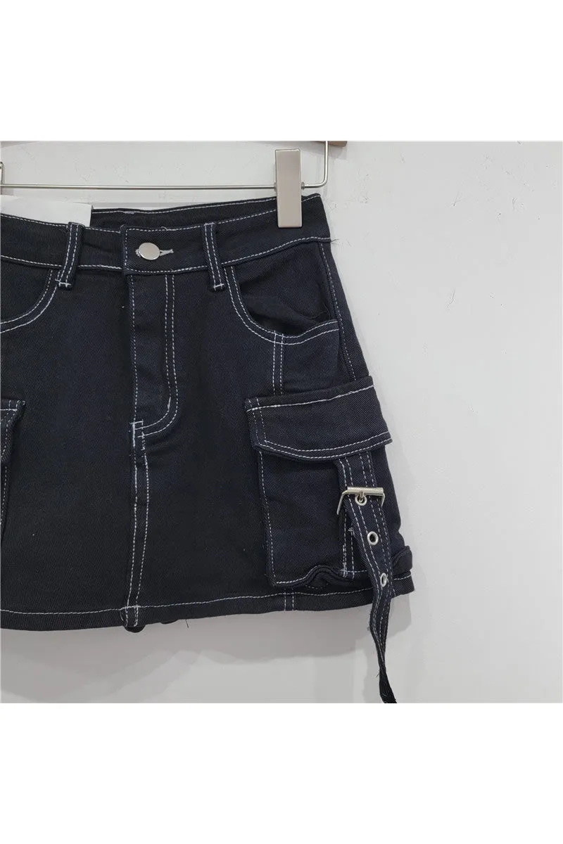 QK0694 Cargo Denim Mini Skirt