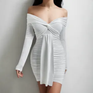 Ravishing Pleated Ribbon Dress:  Off-Shoulder