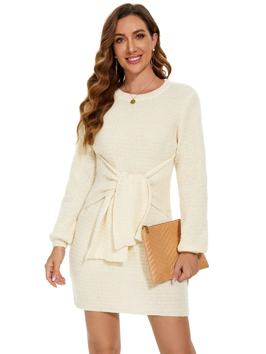 Ribbed Knit Tie Waist Long Sleeve Jumper Dress