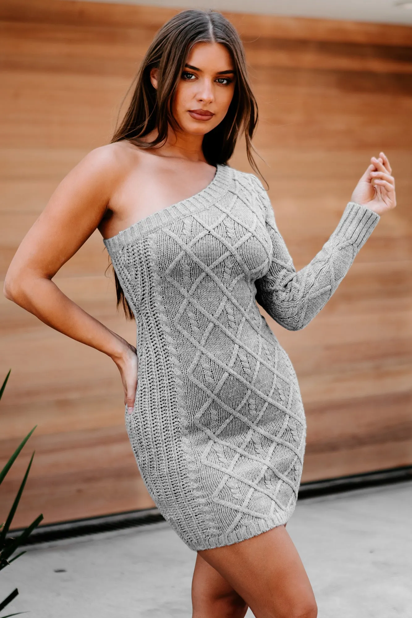 Rochelle Cable Knit One-Sleeve Sweater Dress (Grey)