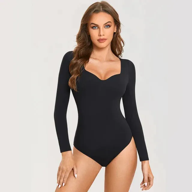 Sexy Deep V Neck Long Sleeve White Bodysuit with Built in Bra