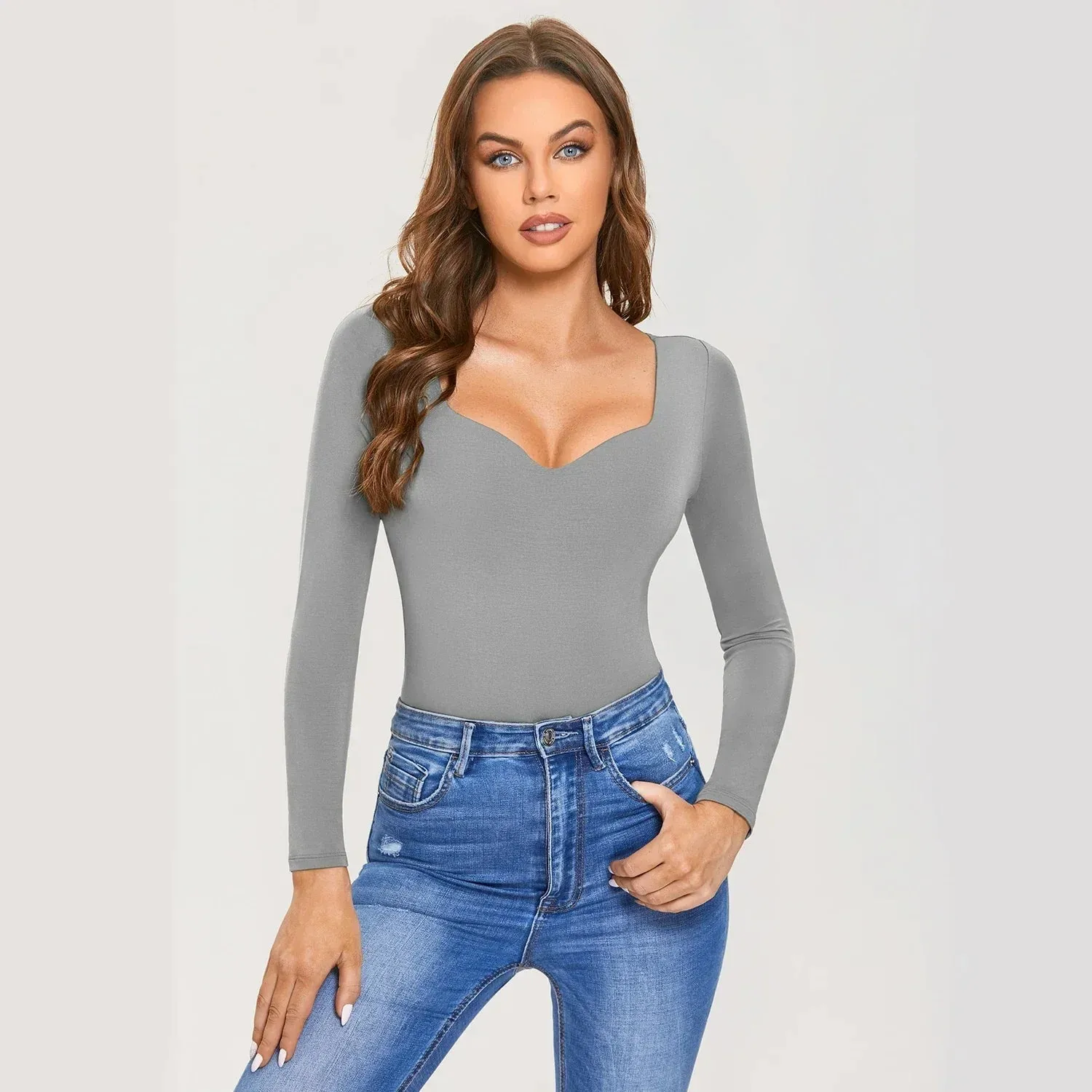Sexy Deep V Neck Long Sleeve White Bodysuit with Built in Bra