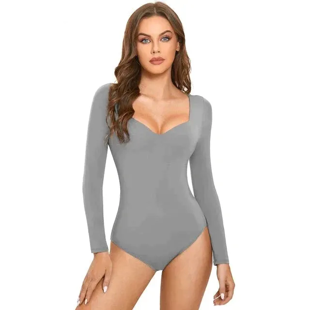 Sexy Deep V Neck Long Sleeve White Bodysuit with Built in Bra