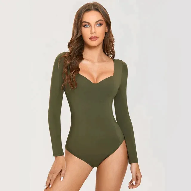 Sexy Deep V Neck Long Sleeve White Bodysuit with Built in Bra