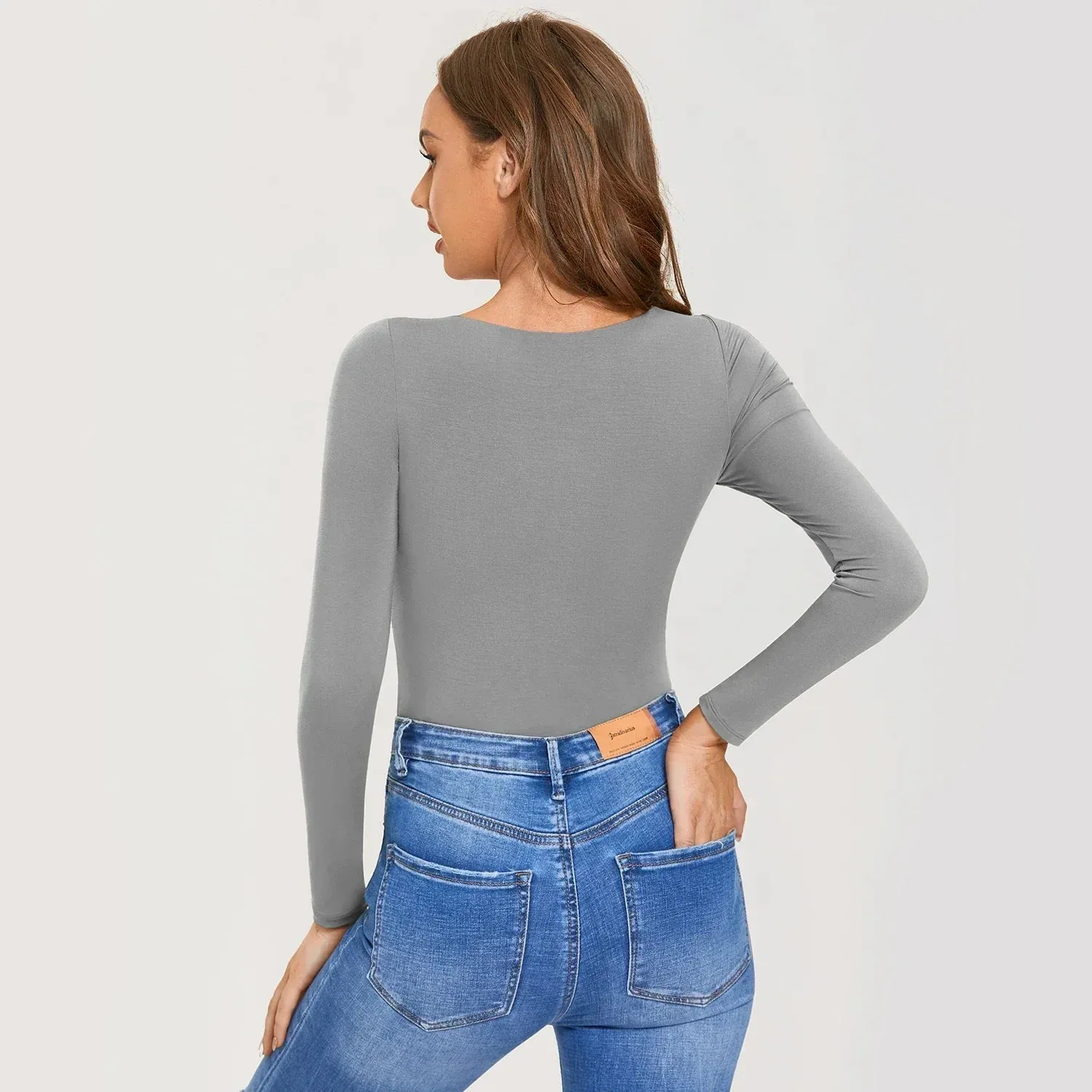 Sexy Deep V Neck Long Sleeve White Bodysuit with Built in Bra