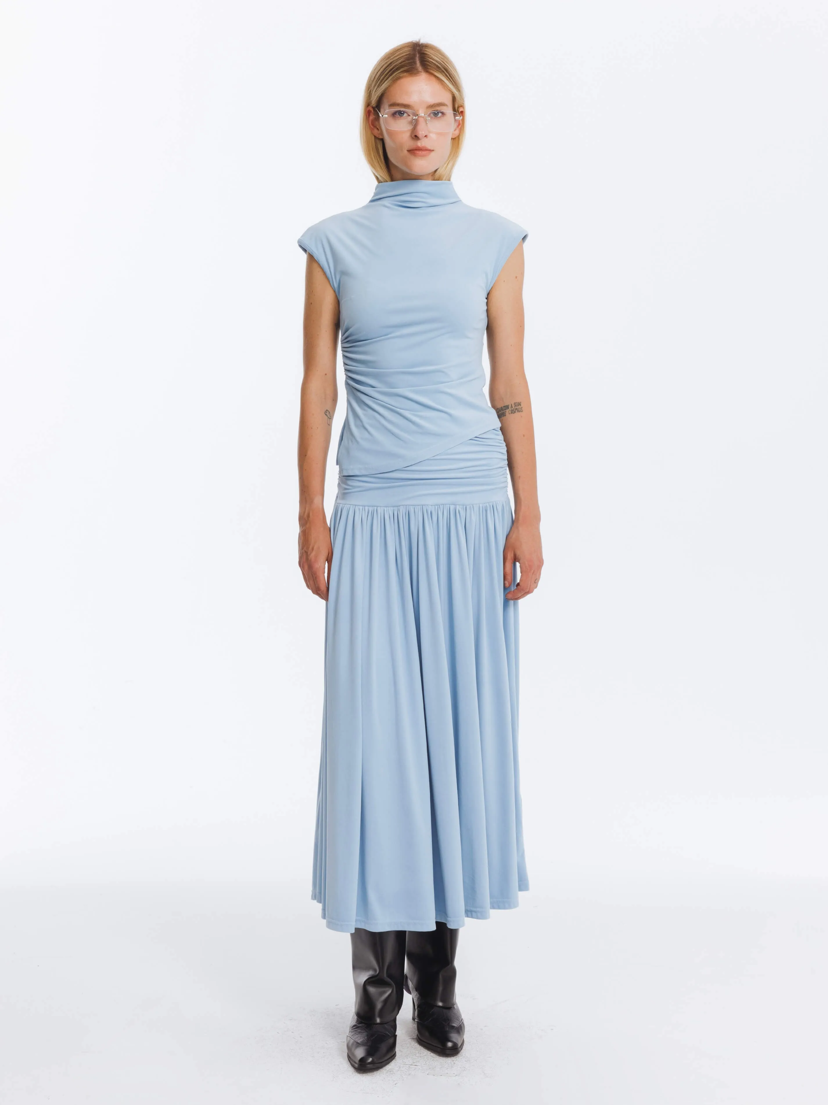 Sky Blue Irregular Hem T-shirt and Skirt Suit