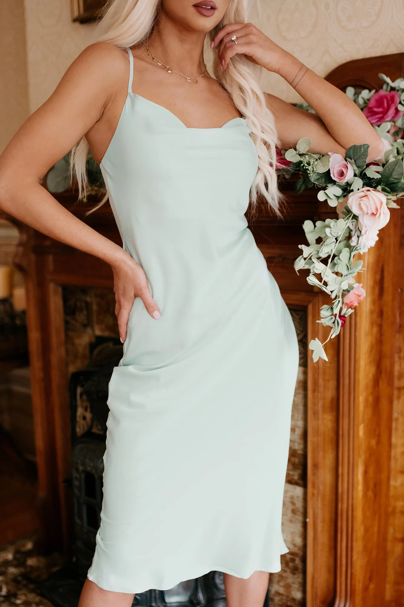 Taste Of Luxury Cowl Neck Satin Midi Dress (Dusty Mint)