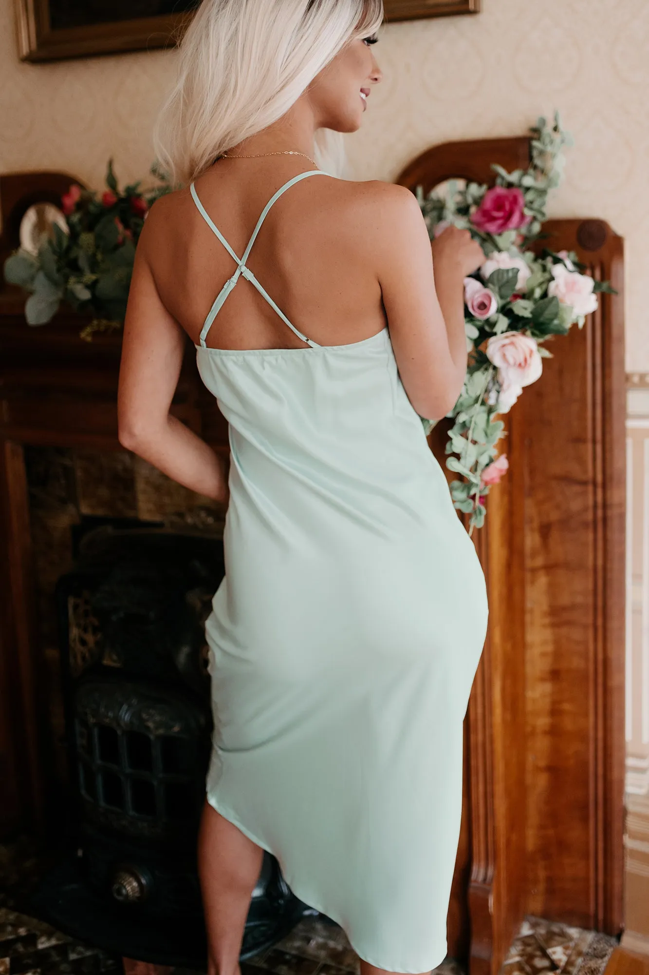 Taste Of Luxury Cowl Neck Satin Midi Dress (Dusty Mint)