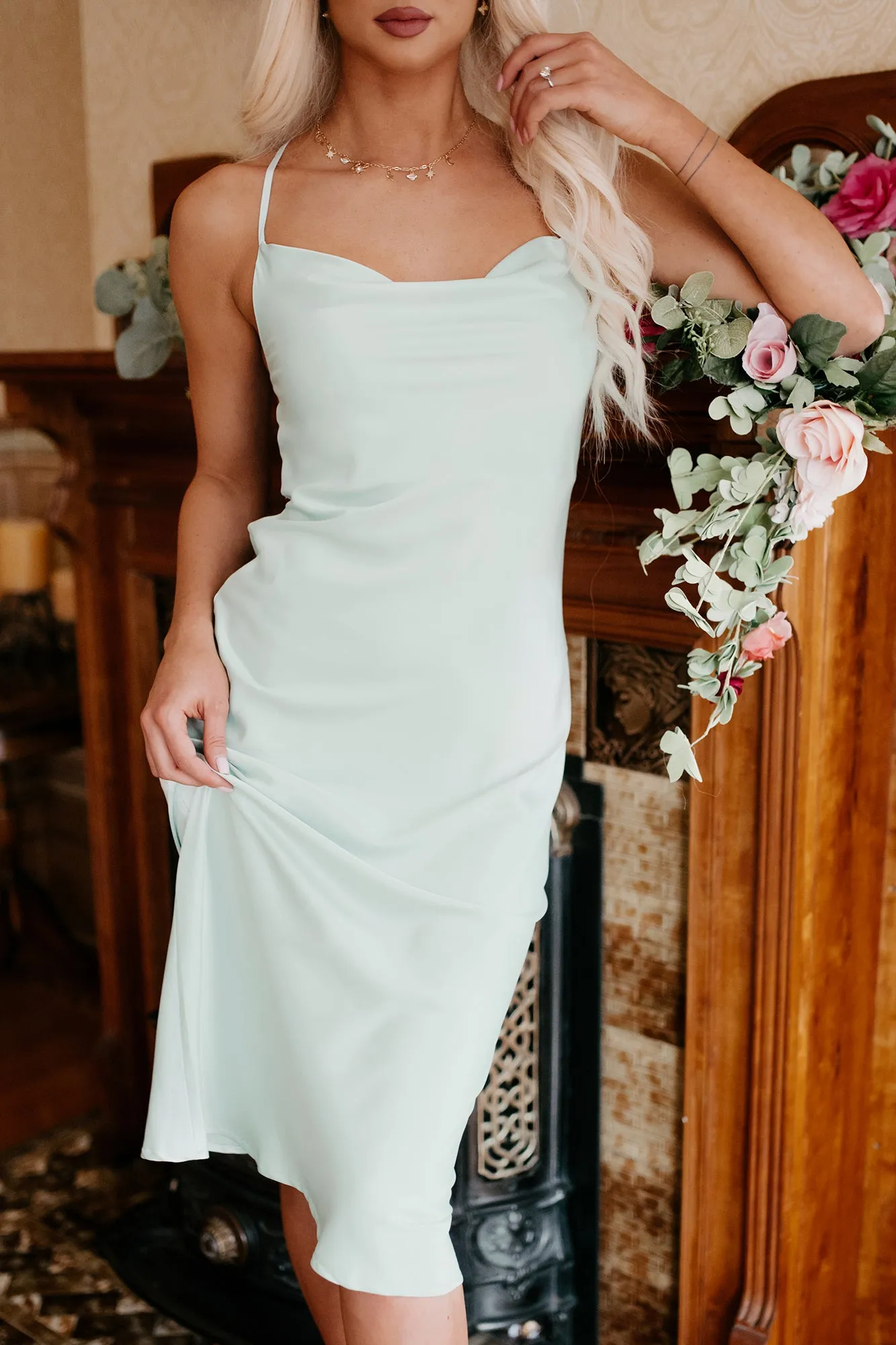Taste Of Luxury Cowl Neck Satin Midi Dress (Dusty Mint)