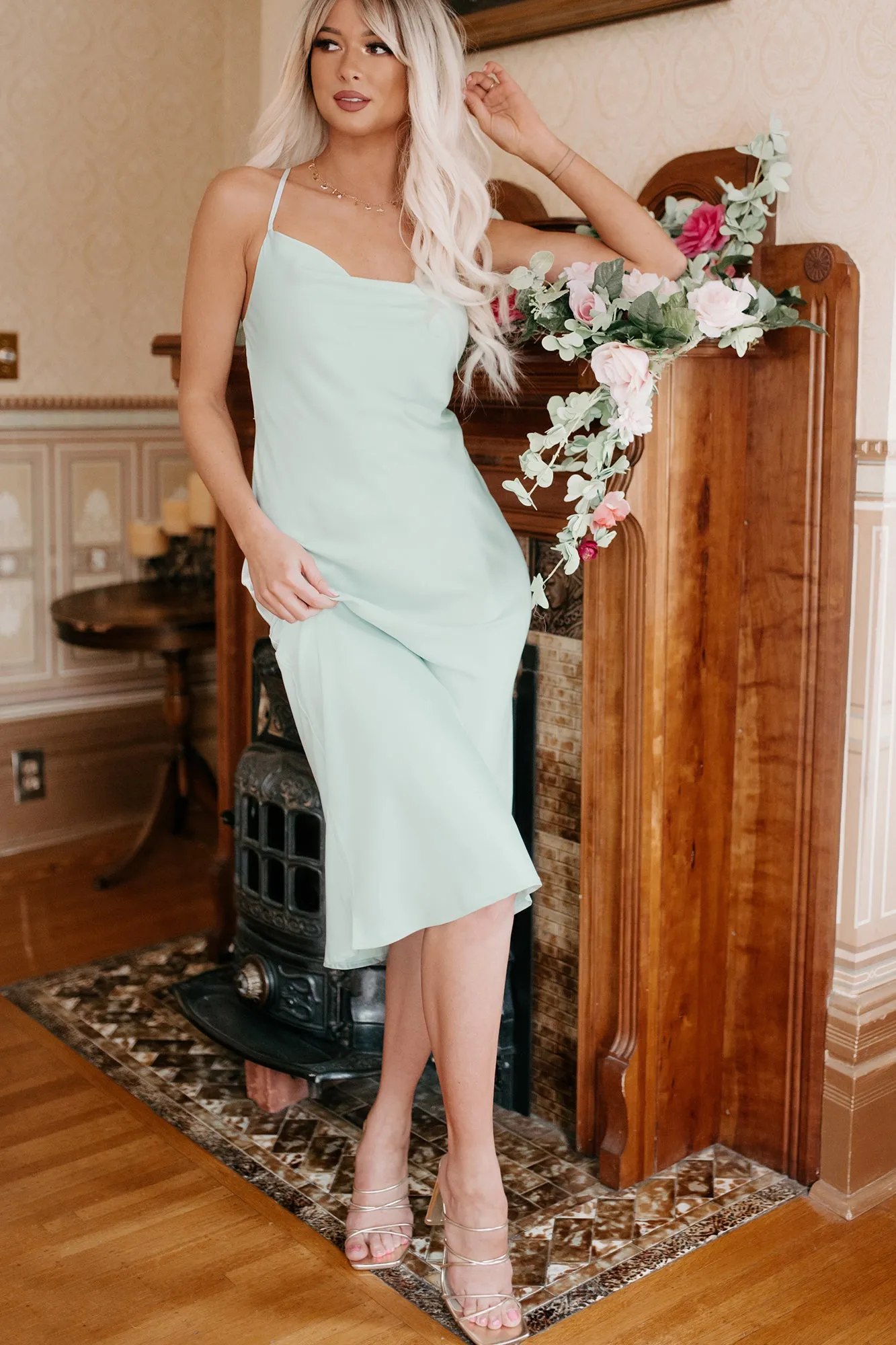 Taste Of Luxury Cowl Neck Satin Midi Dress (Dusty Mint)