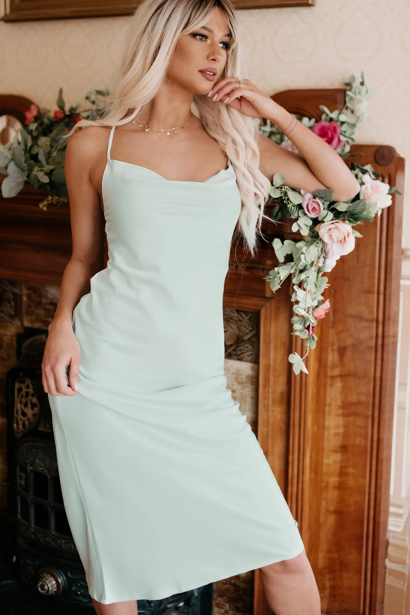 Taste Of Luxury Cowl Neck Satin Midi Dress (Dusty Mint)