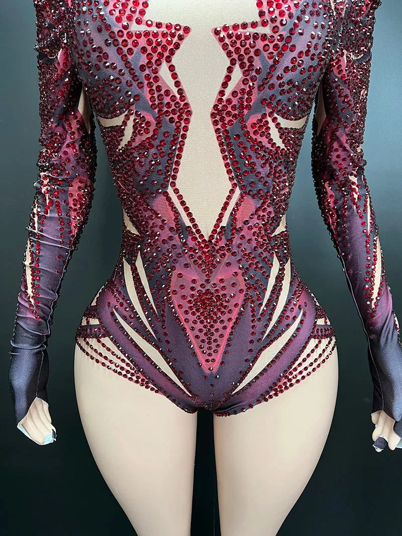 Trend4us Women's Luxury Rhinestone Performance Mesh Bodysuit