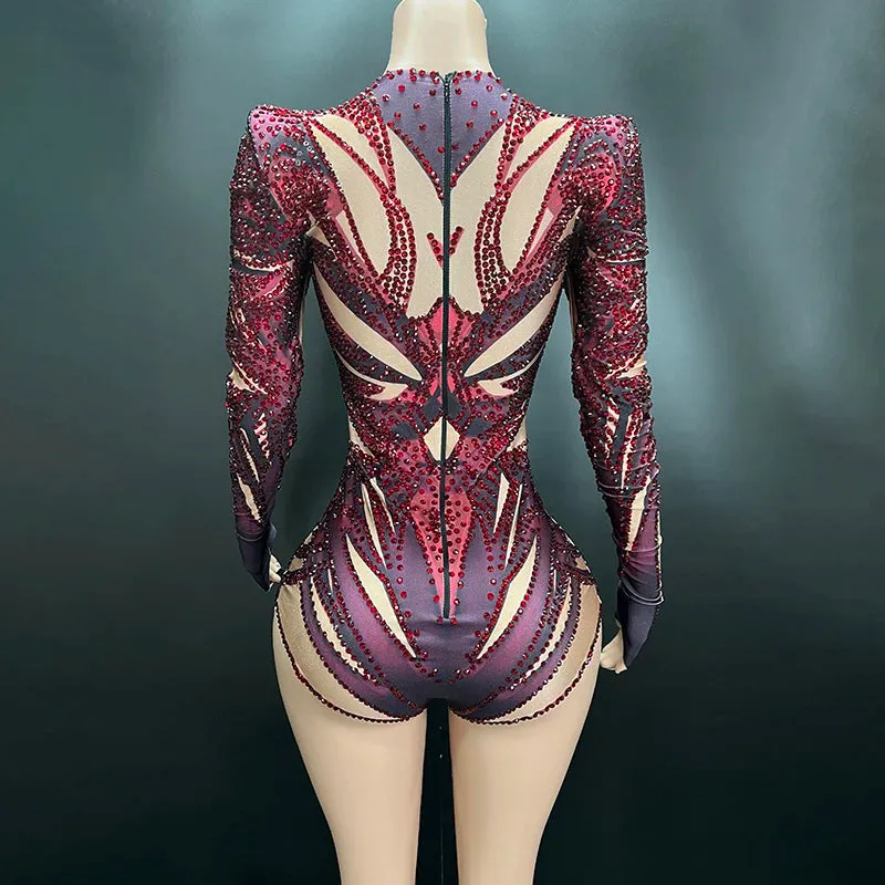 Trend4us Women's Luxury Rhinestone Performance Mesh Bodysuit