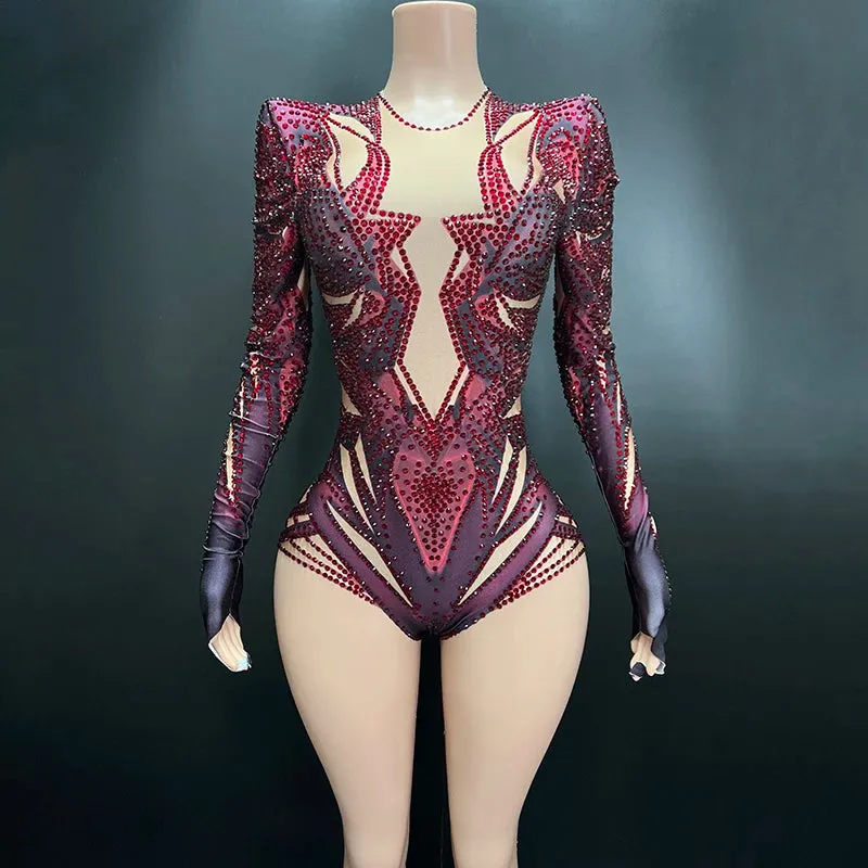 Trend4us Women's Luxury Rhinestone Performance Mesh Bodysuit