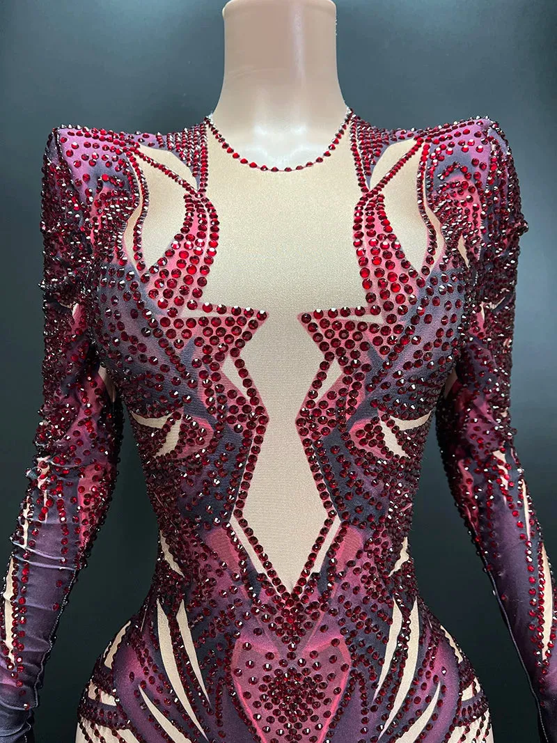 Trend4us Women's Luxury Rhinestone Performance Mesh Bodysuit