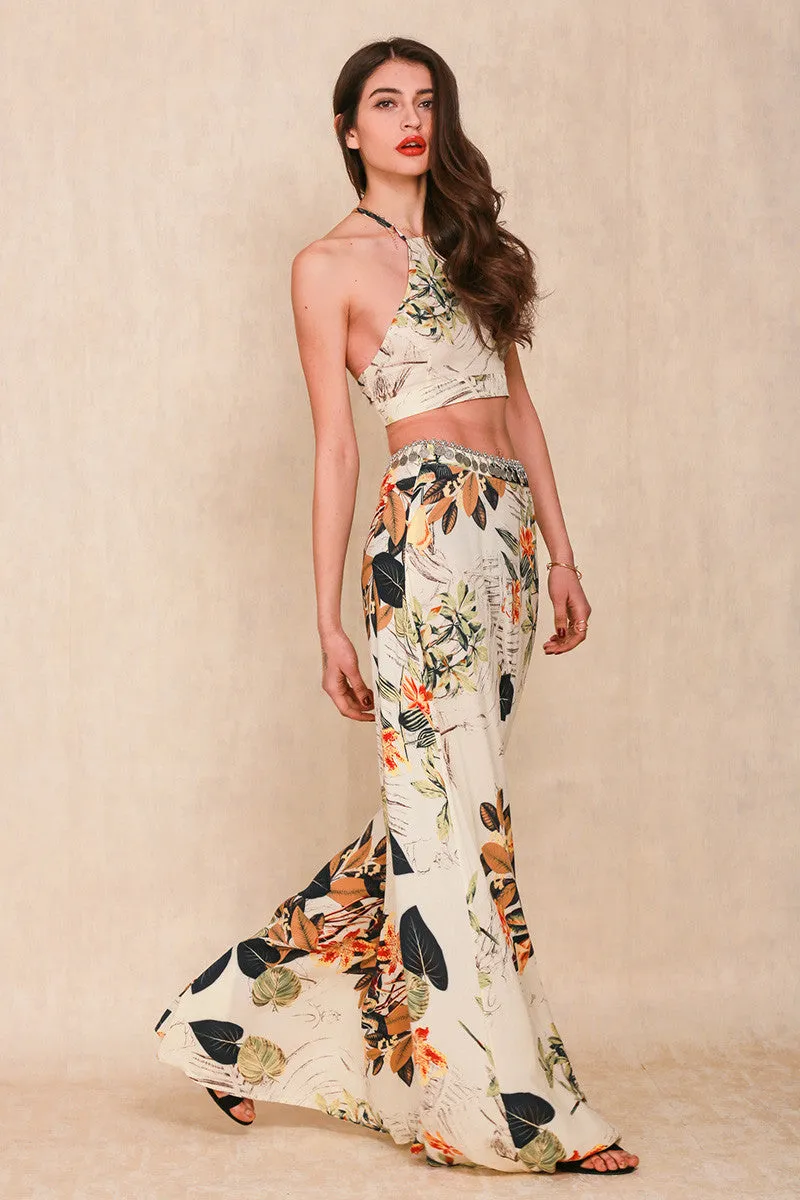 Two Pieces Backless Dress With Flower Pattern