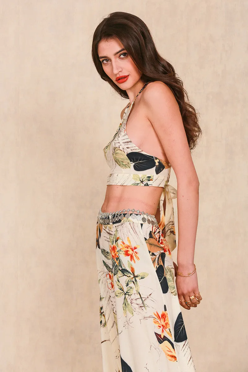 Two Pieces Backless Dress With Flower Pattern