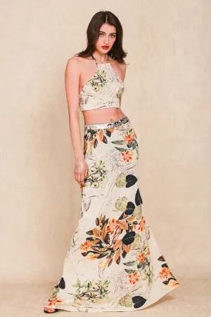 Two Pieces Backless Dress With Flower Pattern