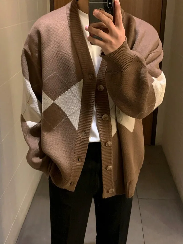 V-Neck Argyle Pattern Knitted Cardigan  VCH0140